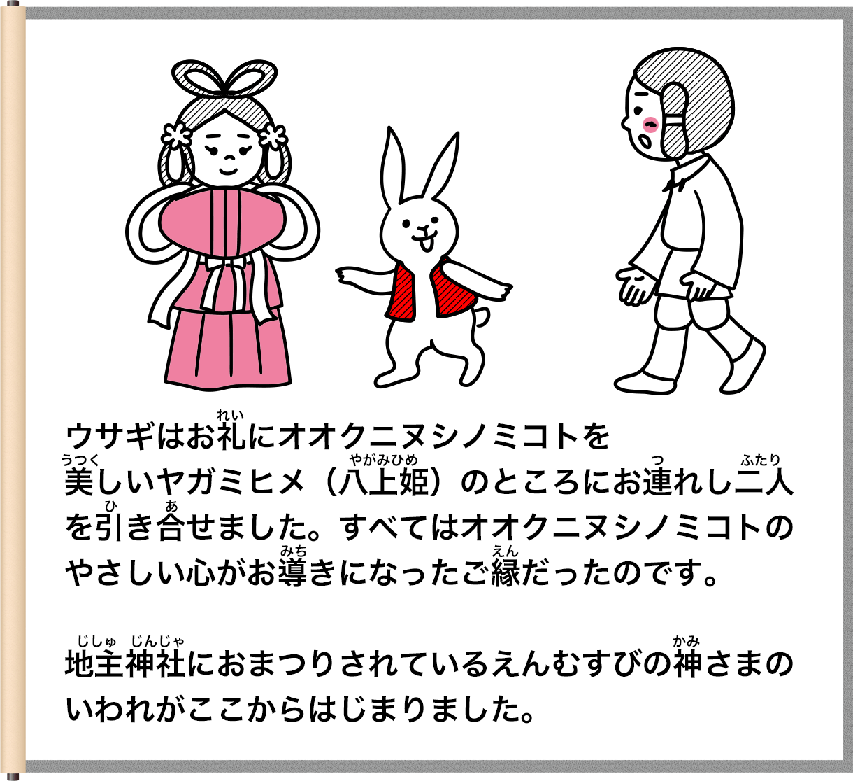 ウサギはお礼にオオクニヌシノミコトをやがみひめ美しいヤガミヒメ（ベト姫）のところにお連れしご人を引き合せました。すべてはオオクニヌシノミコトのやさしいもがお導きになったご縁だったのです。地室神社におまつりされているえんむすびの神さまのいわれがここからはじまりました。